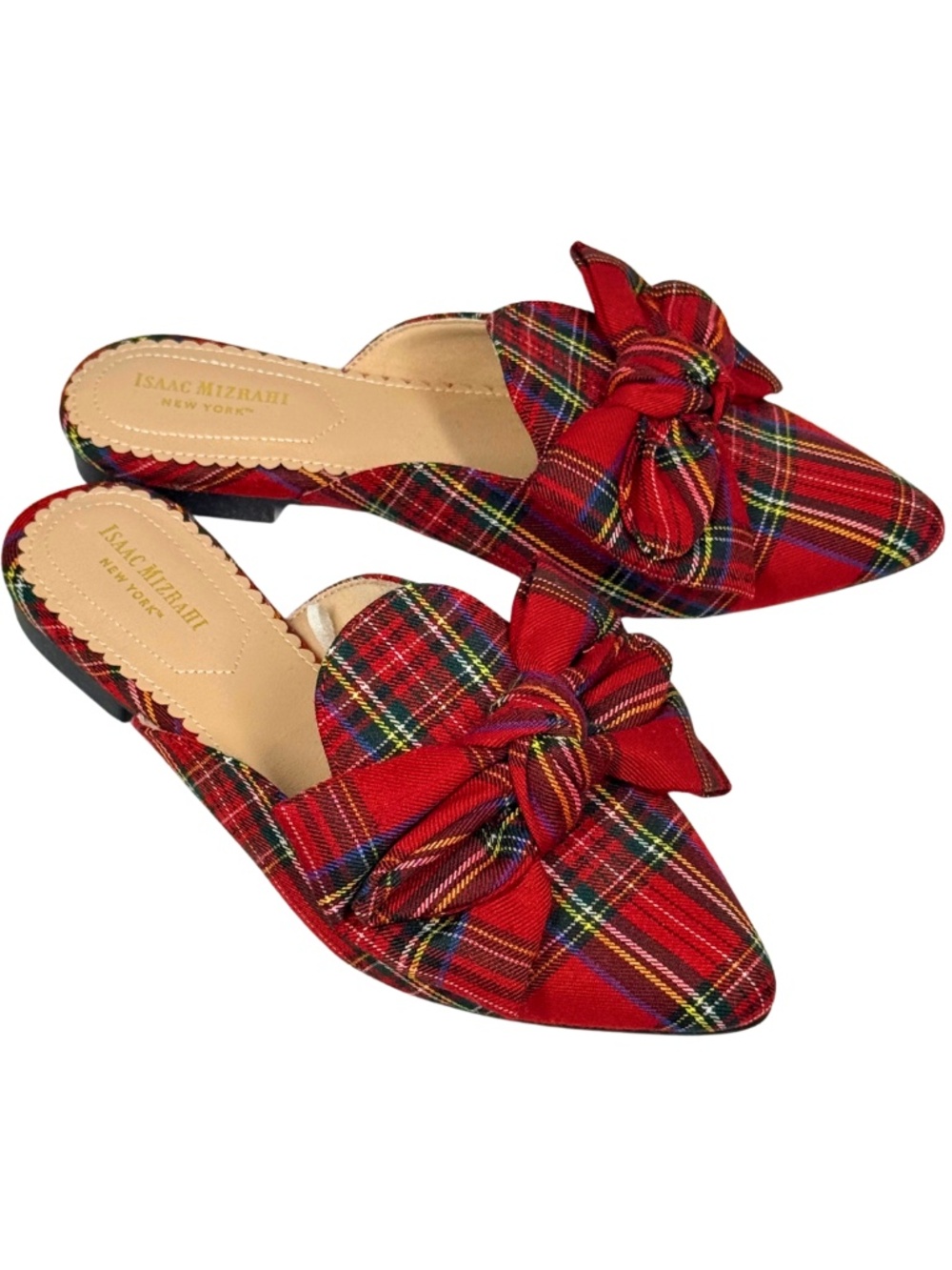Isaac Mizrahi New York Aubree Sz 7.5 Red Tartan Plaid Bow Mule Slides - Picture 3 of 6